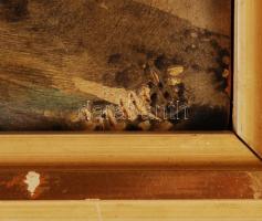 Jandó Tibor: Vörös postakocsi. Festett kerámia, keretben, jelzett, 24x18 cm