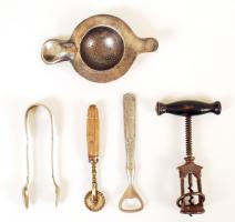Régi konyhai eszközök(5 db): cukorfogó, üvegnyitó, dugóhúzó, szűrő, derelyevágó