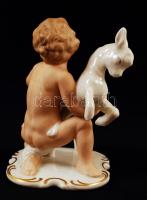 W jelzésű német porcelán kisfiú kecskével, hibátlan, jelzett, m: 14 cm