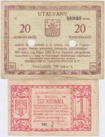 Esztergom 1919. 1K utalvány + Szombathely 1919. 20K utalvány T:III-,III