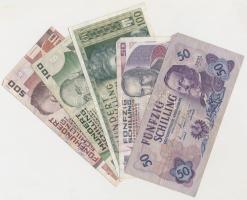 Vegyes, nagyrészt beváltható valuta tétel: Ausztria 1950. 20Sch (4x), 1967. 20Sch (7x), 1986. 20Sch (17x), 1962. 50Sch (2x), 1986. 50Sch (2x), 1969. 100Sch (2x), 1984. 100Sch (2x), 1985. 500Sch illetve  NSZK 1960-1980. 5M (4x), 1980-1993. 10M (5x), 1980. 20M, 1980-1996. 50M (2x) T:vegyes Összesen: 1.660Sch és 190M
