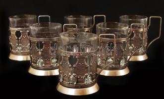 6 db üveg teás pohár fém tartóval