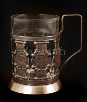 6 db üveg teás pohár fém tartóval