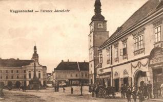 Nagyszombat, Ferenc József tér, Posztó, vászon, divatáru kereskedés, Bauer Károly és Weisz Adolf üzlete / square, shops