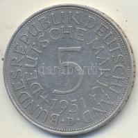 NSZK 1951D 5M Ag T:2- GFR 1951D 5 Mark Ag C:VF Krause KM112.1