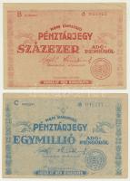 1946. 100.000AP nem kamatozó Pénztárjegy "Másra Át Nem Ruházható" + 1.000.000AP nem kamatozó Pénztárjegy "Másra Át Nem Ruházható" T:III