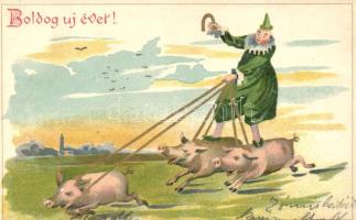 New Year, pig riding clown, W.P. & Co. No. 132, litho