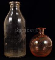 Gömb alakú szakított üveg, m: 12 cm; régi tejes üveg, m: 23 cm