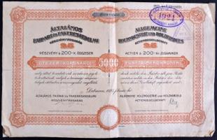 Debrecen 1924. "Általános Faipari és Fakereskedelmi Részvénytársaság" részvénye 5000K-ról, szelvényekkel és szárazpecséttel, "Elővételi jog gyakorolva" felülbélyegzéssel T:III