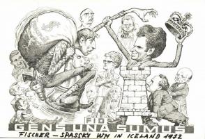 1972 World Chess Championship Reykjavik; Fischer (USA) - Spassky (USSR), 18 unused, humourous carica...