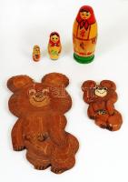 Régi orosz matrjoska babák, 3 db olimpiai Misa maci, 1 db olimpiai macis sapka