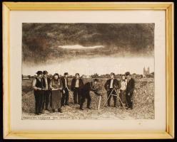 Novák N. jelzéssel: Földosztás Kalocsán 1945. tavasza. Rézkarc, papír, jelzett, üvegezett keretben, 38x29 cm