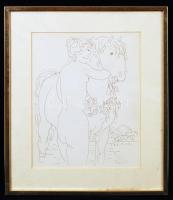 Reich K. jelzéssel: Lány egyszarvúval. Nyomat, papír, jelzett, üvegezett keretben, 21x27 cm