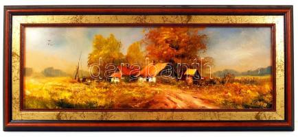 Benda Zoltán: Tanyai hangulat. Olaj, farost, jelzett, fa keretben, 59x19 cm