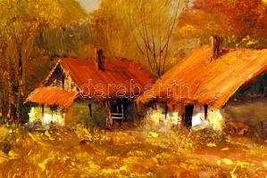 Benda Zoltán: Tanyai hangulat. Olaj, farost, jelzett, fa keretben, 59x19 cm