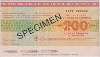 Norvégia DN "Norvég Kereskedelmi Bank, Norvég Takarékpénztár" 200K "SPECIMEN" utazási csekk T:I Norway ND "Norwegian Commercial Banks, Norwegian Savings Banks" 200 Kroner "SPECIMEN" travellers cheque C:UNC