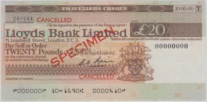 Nagy-Britannia DN "Lloyds Bank Limited" 20Ł "SPECIMEN" utazási csekk T:I Great Britain ND "Lloyds Bank Limited" 20 Pounds "SPECIMEN" travellers cheque C:UNC