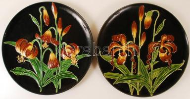 Schutz Blansko szecessziós fali dísztányér párban (2db), kézzel festett mázas kerámia, jelzett, apró mázhibákkal / Art nouveau ceramic wall plate pair  d:33,5 cm