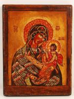 Mária a kis Jézussal, antikolt orosz ikon, tempera, fa, jelzés nélkül, 18×14 cm