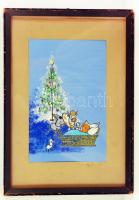 Gábor Éva (1914-): Karácsony. Vegyes technika, papír, jelzett, üvegezett keretben, 20×13 cm
