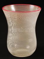 Csíkos üveg pohár, peremén festett, hibátlan, m:10 cm