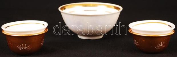2 db török kávés csésze és 1 db nagyobb tálka apró lepattanással, jelzés nélkül, d: 6 és 10 cm