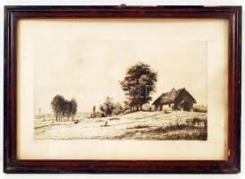 Boldizsár István (1897-1984): Dombos táj. Rézkarc, papír, jelzett, üvegezett keretben 19×33 cm