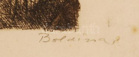 Boldizsár István (1897-1984): Dombos táj. Rézkarc, papír, jelzett, üvegezett keretben 19×33 cm