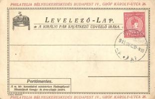 Budapesti Philatelia Bélyegkereskedés levelezőlapja, IV. Károly és Zita saját kezű nyomtatott üdvözlő írásával / Hungarian stamp shop postcard, with the printed handwritten greetings of Charles IV and Zita (EK)