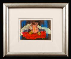 Iványi Katalin (1924-2013): Kancsós csendélet. Pasztell, papír, jelzett, üvegezett keretben, 14×9 cm