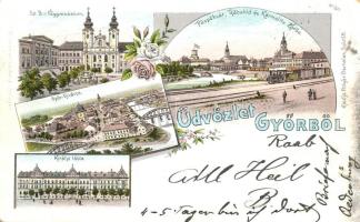 Győr, Zsinagóga, Újváros, tehervasút, litho; kiadja Polgár Bertalan (EK)