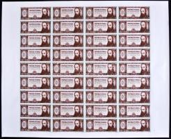 1973. Táncsics 01 "PRÓBA FORMA" bankjegy terv pirosas előoldali nyomata zöld alapnyomattal, üres hátlappal, 36db-os teljes ívben! T:I,I- Hungary 1973. 01 "PRÓBA FORMA" unissued banknote design with only reddish front printers proof with green basic print in sheet of 36 C:UNC,AU Adamo SFT2.4