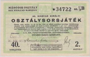 1938. "40. Magyar Királyi Osztálysorsjáték" 2. osztály 1/8 sorsjegye T:I-