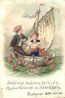 1899 Children in a boat, pearl decorated postcard, No. 6539. litho (fa)