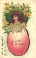 Easter, girl in egg, pearl decorated postcard, 187. litho (r)