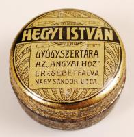 Hegyi István Gyógyszertára az Angyalhoz, Erzsébetfalva pici fém gyógyszeres dobozka, d: 3 cm