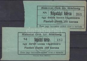 1924. 200K "Miskolczi Orthodox Izraelita Hitközség" kacsa vágatási bárca (2x) T:II,III