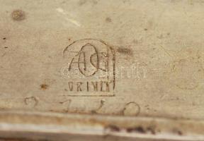 Orivit AG szecessziós fogpiszkálótartó, üveg betét hiányzik, ezüstözött ón, jelzett, 10×3 cm