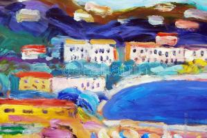 Schéner Mihály (1923-2009): Városi kikötő. Olaj, farost, jelzett, keretben, 50×70 cm