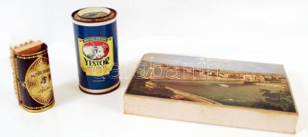 Magyar Dohányipar nagyméretű papír doboza, Meltonian cipőkefe, Yestor leveskocka fém doboza