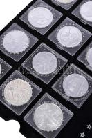 2009. "Fabulous 12" 12xklf db-ból álló éremszett díszdobozban 9db tanúsítvánnyal, benne: Andorra 2009. 1D Ag "Andorrai sas" (1oz/0.999) + Mexikó 2009. 1O Ag "Libertad" (1oz/0.999 + Kína 2009. 10Y Ag "Panda" (1oz/0.999) + Nagy-Britannia 2009. 2P Ag "Britannia" (32.45g/0.985) + Kanada 2009. 5$ Ag "II. Erzsébet / Juharlevél" (1oz/0.999) + Ausztrália 2009. 1$ Ag "Kenguru" (1oz/0.999) + Szomália 2009. 100Sch Ag "Szomáliai elefánt" (1oz/0.999) + Ausztrália 2009. 1$ Ag "Koala" (1oz/0.999) + Amerikai Egyesült Államok 2009. 1$ Ag "Liberty" (1oz/0.999) + Ausztria 2009. 1,50€ Ag "Bécsi Filharmonikusok" (1oz/0.999) + Ruanda 2009. 50A Ag "Elefánt" (1oz/0.999) + Ausztrália 2009. 1$ Ag "Kookaburra" (1oz/0.999) T:BU,PP 2009. "Fabulous 12" coin set with 12pcs in original case and with 9pcs of certificates: Andorra 2009. Andorra 2009. 1 Diner Ag "Eagle" (1oz/0.999) + Mexico 2009. 1 Onza Ag "Libertad" (1oz/0.999) + China 2009. 10 Yuan Ag "Panda" (1oz/0.999) + Great Britain 2009. 2 Pounds Ag "Britannia" (32.45g/0.985) + Canada 2009. 5 Dollars Ag "Elizabeth II / Maple Leaf" (1oz/0.999) + Australia 2009. 1 Dollar Ag "Kangaroo" (1oz/0.999) + Somalia 2009. 100 Schillings Ag "Somalian elephant" (1oz/0.999) + Australia 2009. 1 Dollar Ag "Koala" (1oz/0.999) + USA 2009. 1 Dollar Ag "Liberty" (1oz/0.999) + Ausztria 2009. 1,50 Euro Ag "Vienna Philharmonic" (1oz/0.999) + Ruanda 2009. 50 Amafaranga Ag "Elephant" (1oz/0.999) + Australia 2009. 1 Dollar Ag "Kookaburra" (1oz/0.999) C:BU,PP