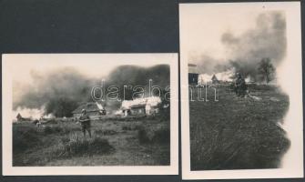 cca 1943-1944 A hátország felégetése, 2 db katonai fotó, 6x9 cm