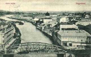 Nagyvárad, Oradea; Kőrös, zsinagóga, Janky Antal és Strohmayer Pál üzlete, gazdasági és iparbank, kiadja Özv. Ernyei Sándorné / river, synagogue, shops (EK)