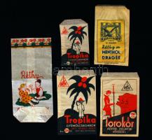 cca 1920-1940 5 db, a békéscsabai Réthy Gyógycukorka Gyár különféle termékeinek csomagolása (Réthy-féle Mentol dragée, 2 db jelzett Tevan, Tropika, Torokőr, stb.).