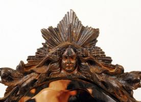 cca 1890 Asztali tükör, öntöttvas, csiszolt üveggel, piszkos, rozsdás, m:48 cm