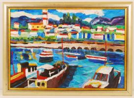 Schéner Mihály (1923-2009):Mediterrán kikötő. Olaj, farost, jelzett, keretben, 50×70 cm