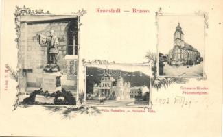 Brassó, Kronstadt; Honterus szobor, Villa Schuller, Fekete templom / statue, villa, church, Art Nouveau