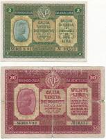 Olaszország/Velence/osztrák-magyar megszállás 1918. 2L + 20L T:II-,IV ragasztott Italy/Venice/Austro-Hungarian occupation 1918. 2 Lire + 20 Lire C:VF,G sticked Krause M5,M7
