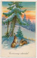 Christmas, rabbits in the snow litho (EK)