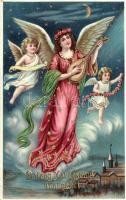 Christmas, Mandolin playing angel, golden decoration litho (Rb)